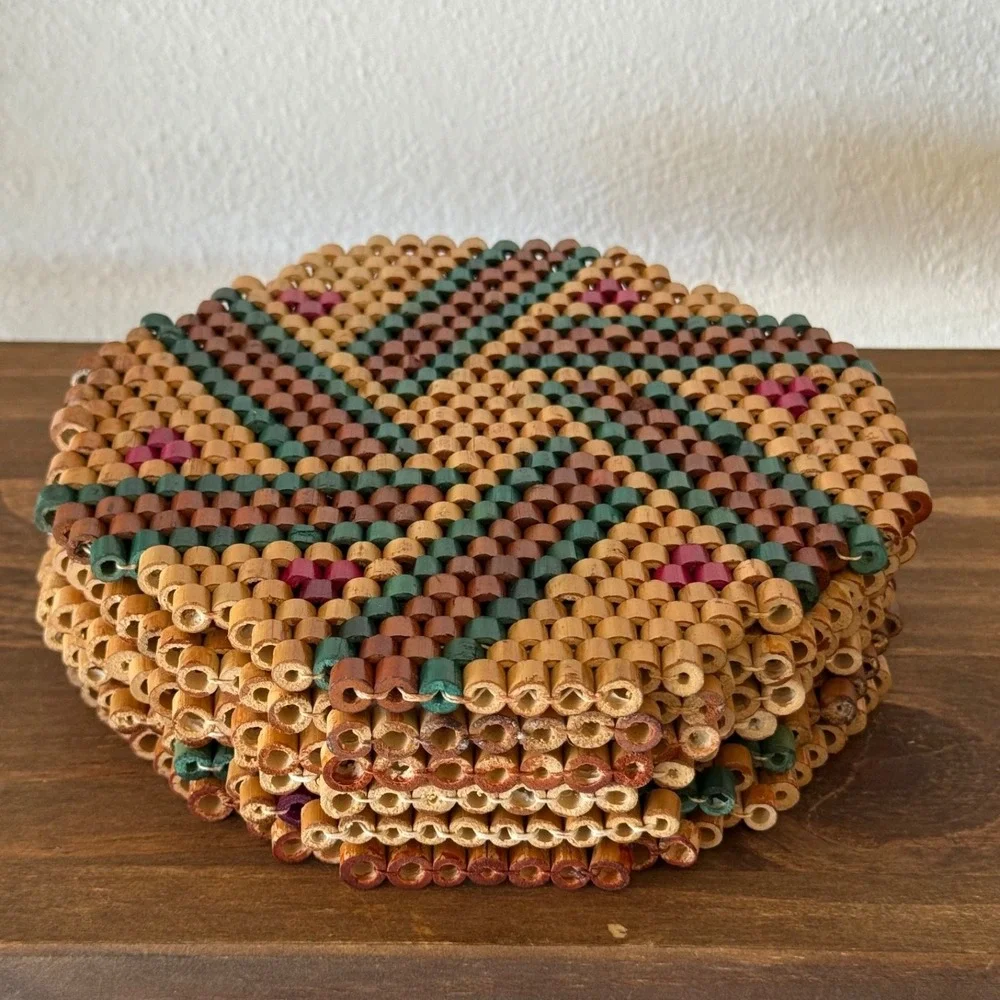 6pc Vintage‎ Bamboo Wood Bead Trivets Set 6 Folk Art Boho MCM Hot Pads Hippie